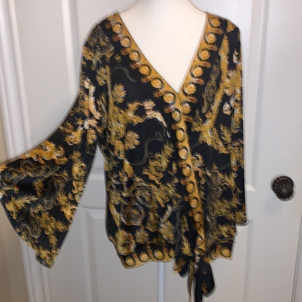Boston  Proper Black Gold V Neck Faux Wrap Bell Sleeve Top Size XL